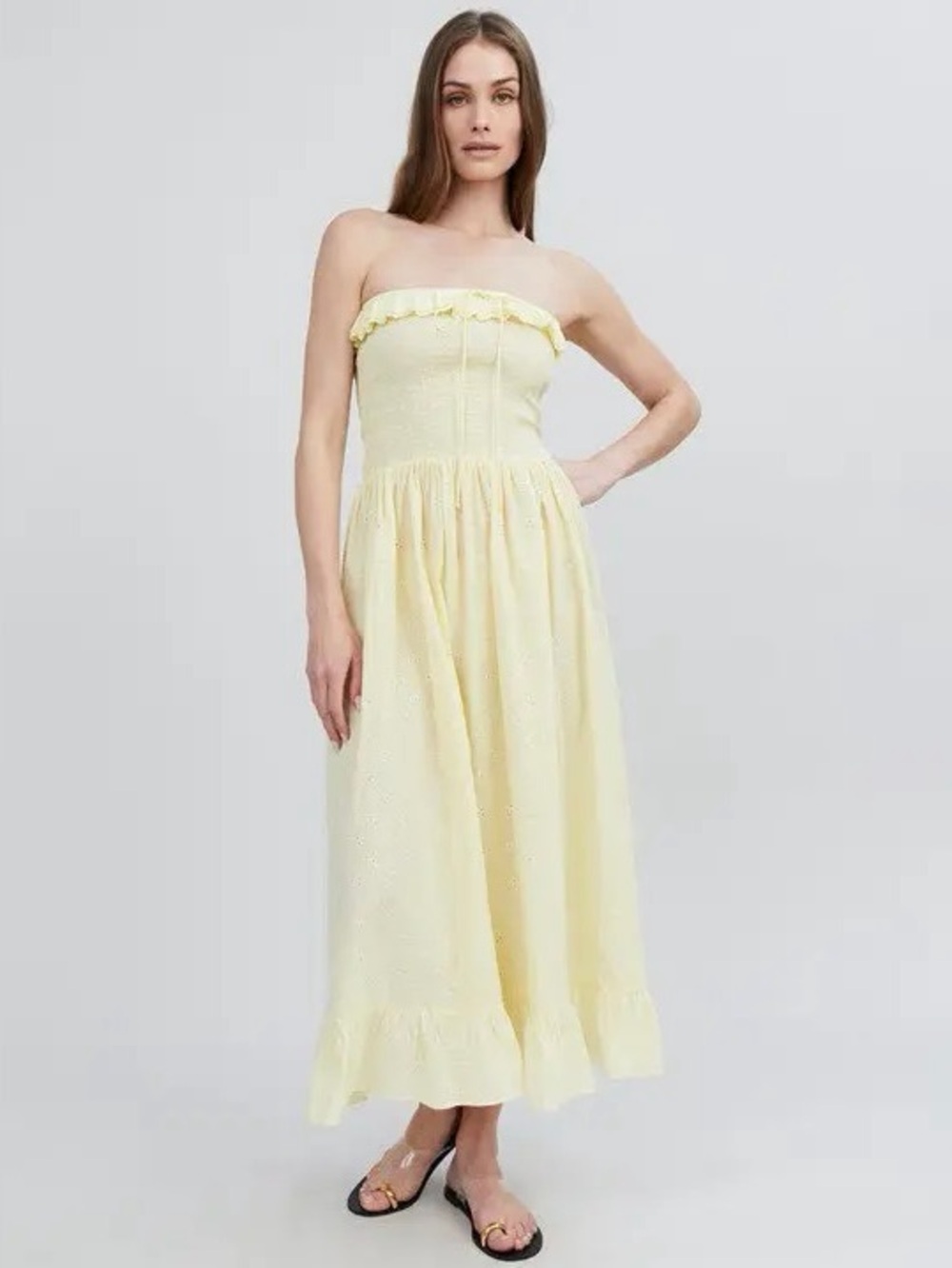 SOLID & STRIPED The Eyelet Nicole Butter Yellow Smocked Midi Dress Sz L $228